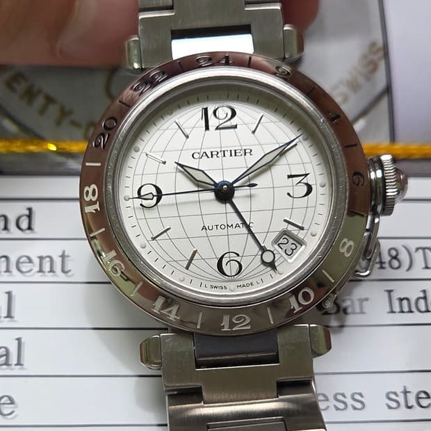 레어] 까르띠에 파샤 GMT 지구본다이얼 실버판 36mm 브레이슬릿 ve