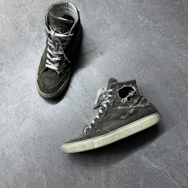 필립 플레인 디스트레스드 데님 하이탑 