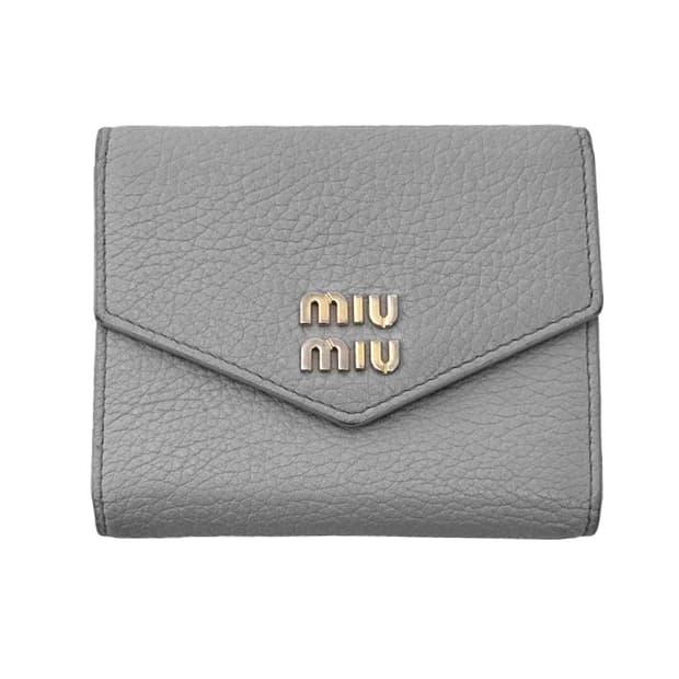 MiuMiu 미우미우 여성 메탈 레터링 로고 레더 트리폴드 카드 반지갑