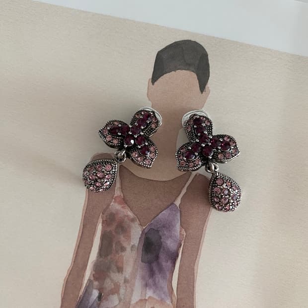 빈티지 플라워 큐빅 드롭 귀걸이 일본 수입