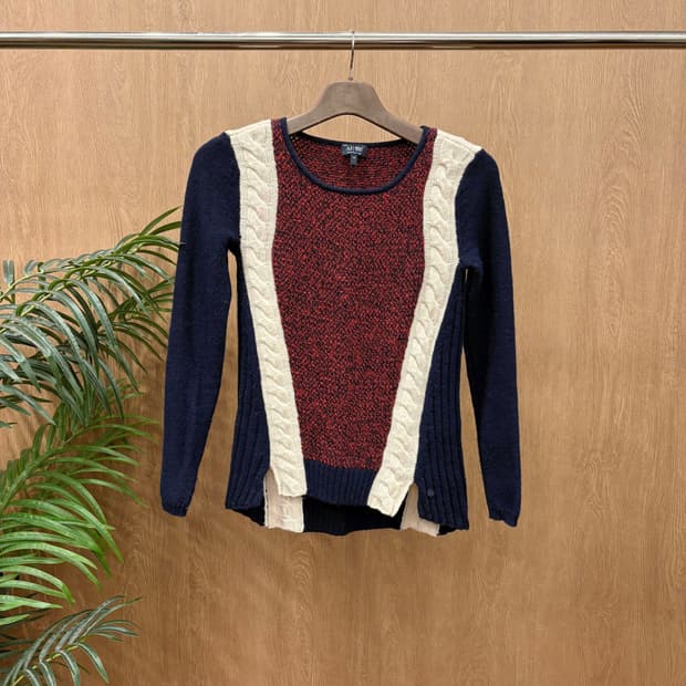 아르마니 진스 긴팔 니트 컬러 배색 케이블 언밸런스 커팅 디테일 네이비