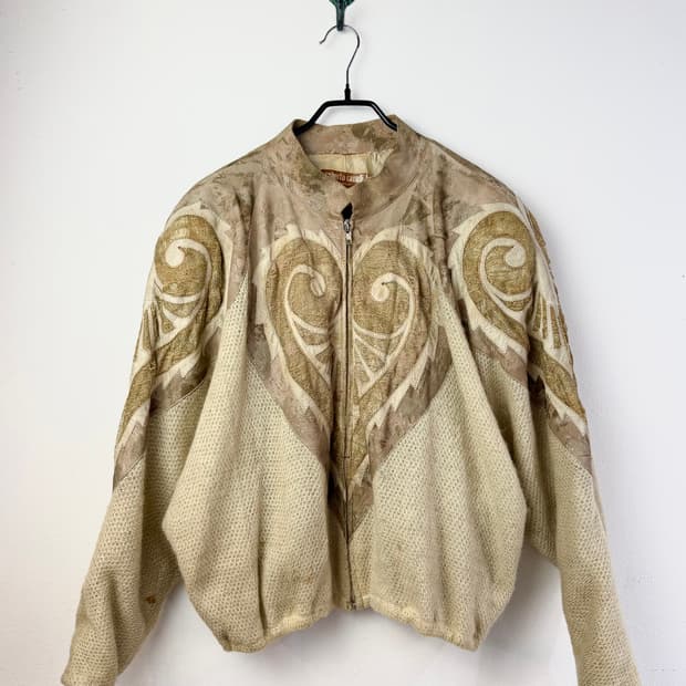 70s 로베르토 카발리 레더 믹스드 니트 블루종