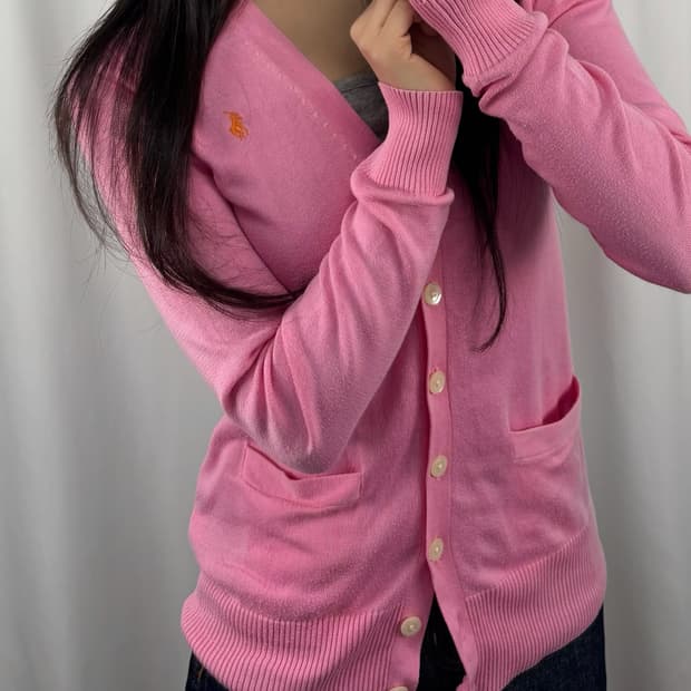 폴로 피마 코튼 핑크 브이넥 가디건