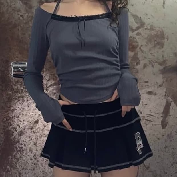 플리즈노팔로우 주니 레이스 셔링 홀터탑 차콜