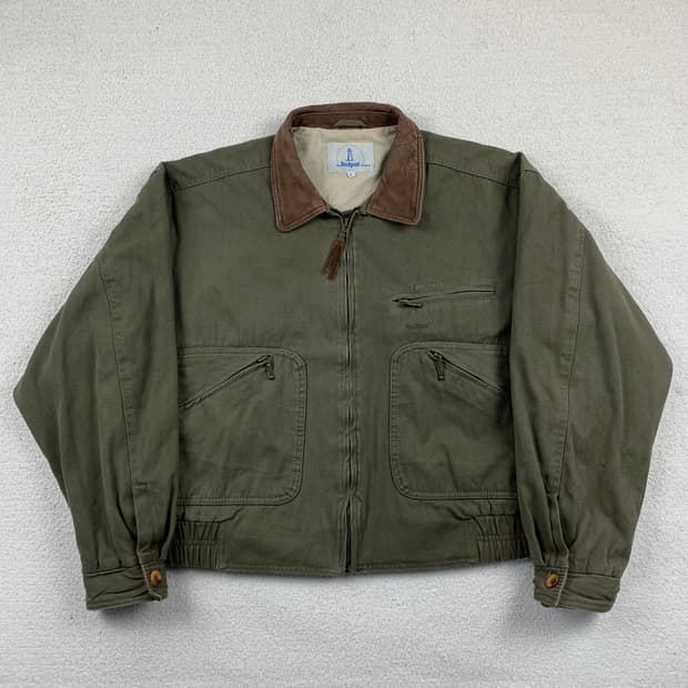 90s 락포트 자수로고 레더 칼라 빈티지 워크자켓 올리브