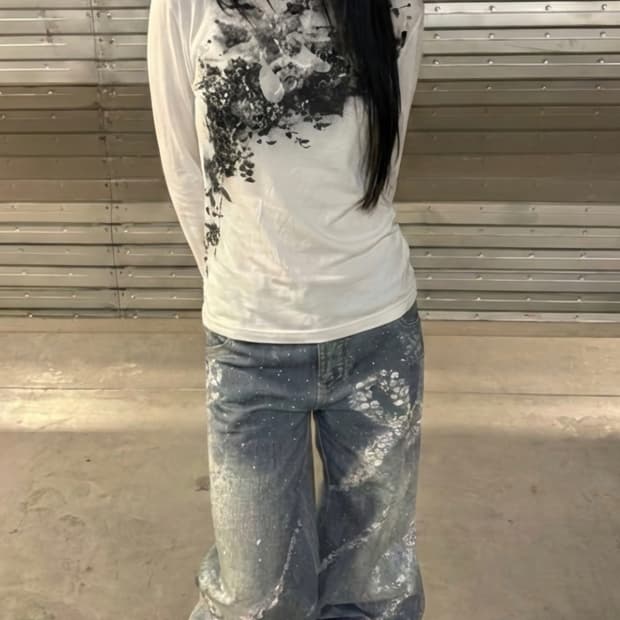 갸루 펑크 y2k 핀터깔 그래픽 롱슬리브 티셔츠 화이트