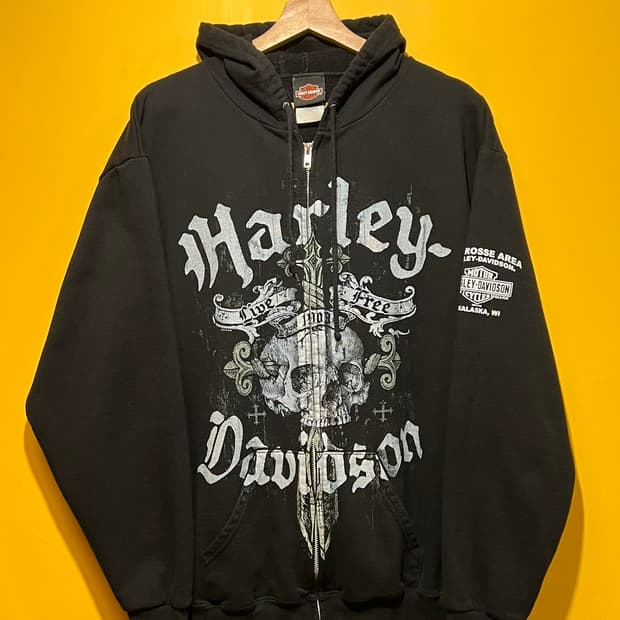 [L] 할리데이비슨 스컬 후드집업 블랙 빈티지 바이커 아메리칸 캐주얼