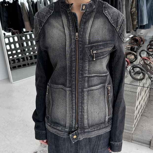 글램 워시드 바이커 데님 자켓