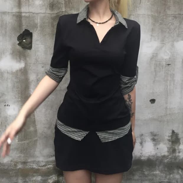 체크 레이어드 반팔 셔츠