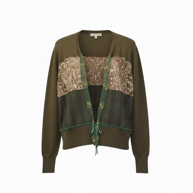 JPN VINTAGE 오픈 니트 가디건 패치워크 스트링 디테일 카키