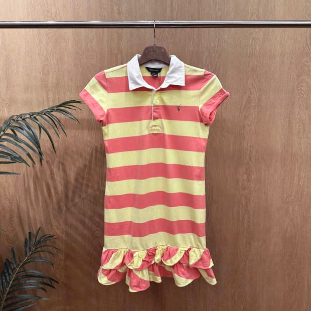 랄프로렌 스트라이프 카라 프릴 미니 원피스 슬림핏 옐로우 핑크