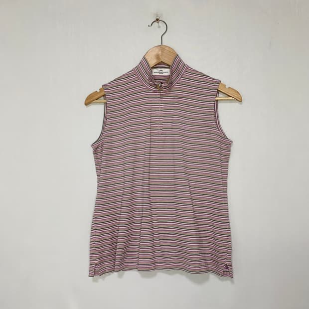 발렌시아가 y2k 모크넥 스트라이프 반집업 슬리브리스 나시탑 빈티지 핑크