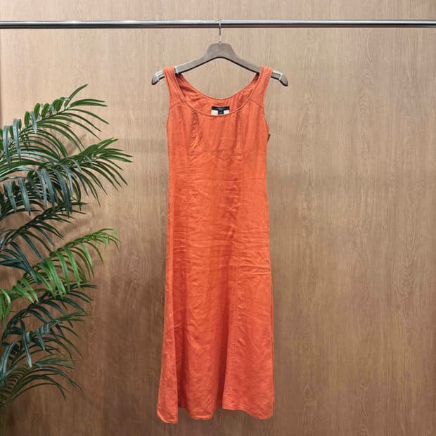 막스마라 위켄드 린넨 슬리브리스 롱 원피스 절개라인 디테일 오렌지