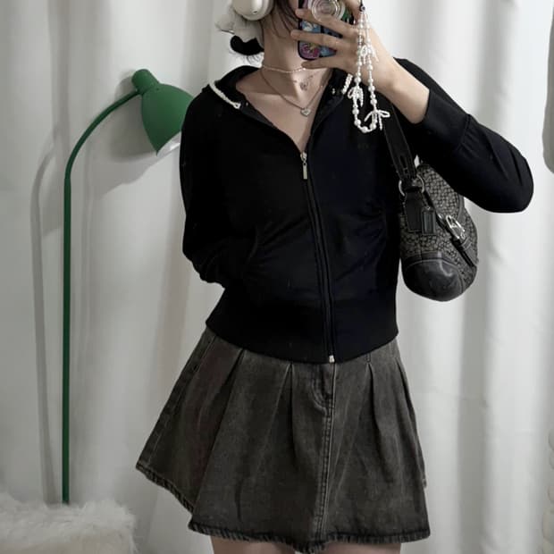 블랙 레이스 셔링 후드 집업