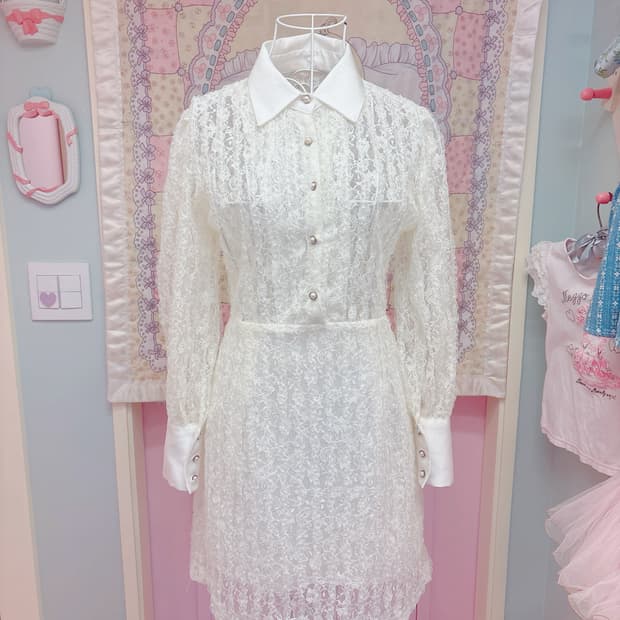 화이트 레이스 셔츠 카라 미니 원피스