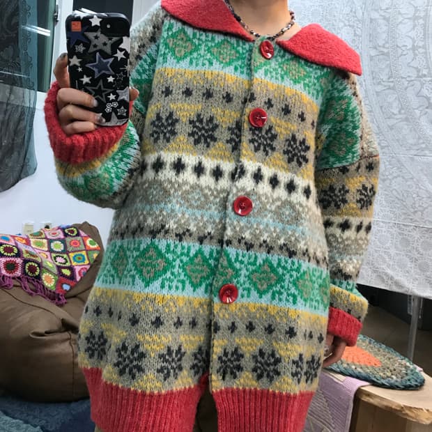 빈티지 에스닉 카라 니트 가디건 