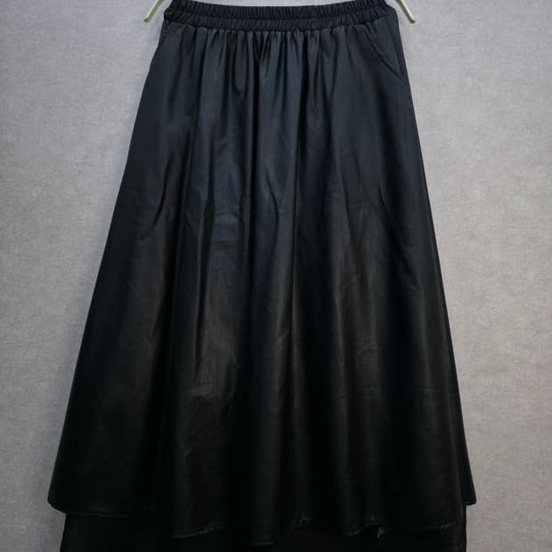 레이어드 시스루 레더 플레어 롱 스커트
