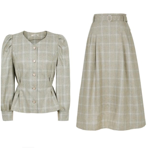 ROEM 로엠 체크블라우스 벨트치마 세트 셋업