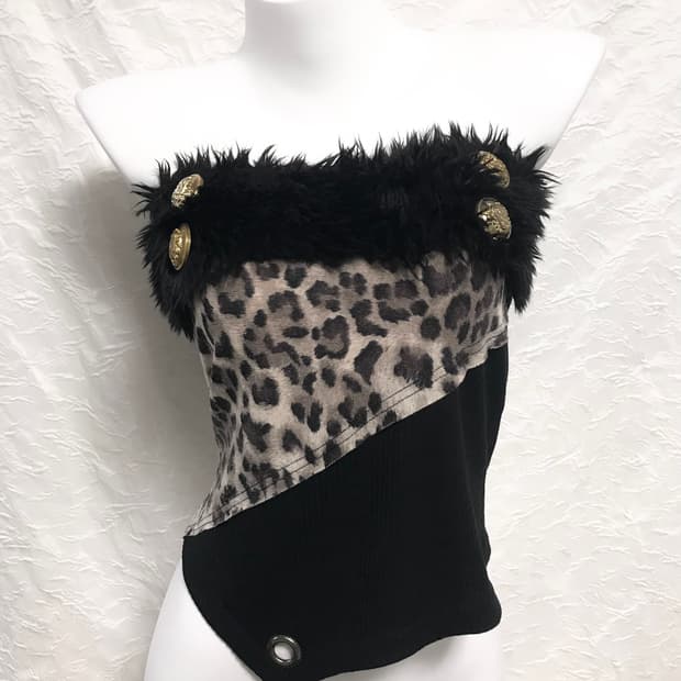 빈티지 d.i.a깔 갸루 레오파드 금장 퍼 튜브탑 슬리브리스