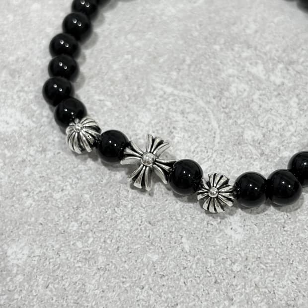 Oribell 블랙 오닉스 스톤 크롬 크로스 비즈 밴딩 염주 팔찌