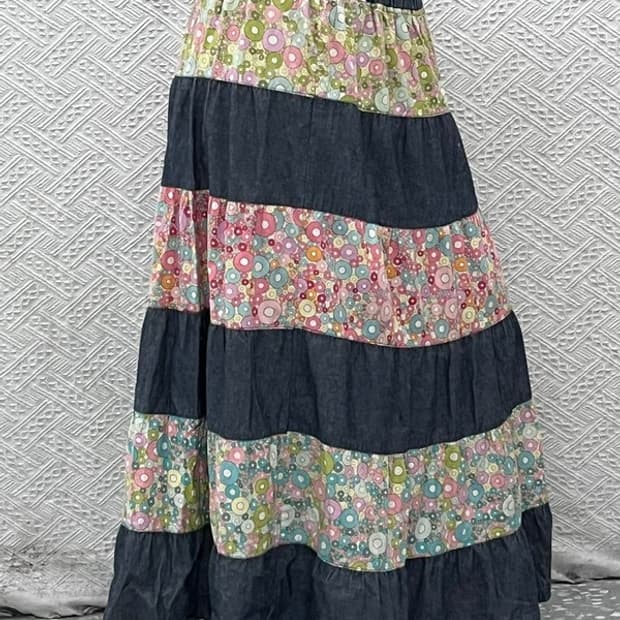 빈티지 모리걸 보헤미안 플라워 패치워크 롱스커트 26인치 C07904