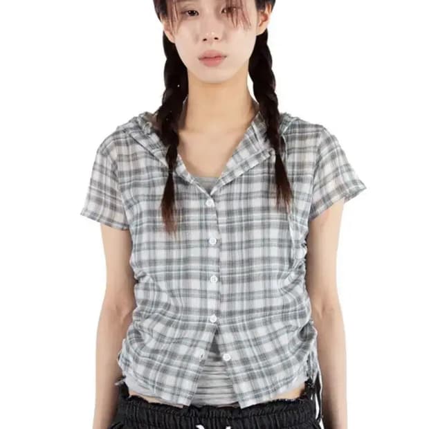(새상품) 릿킴 체크 후드 반팔 셔츠 블루