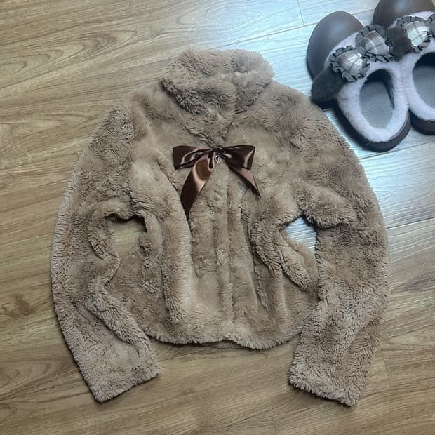 빈티지 브라운 라떼 퍼 리본 보석 코트 히메갸루 로걀 리즈리사깔 모리걸