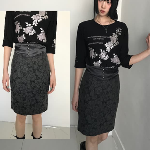 (Vintage)Lace button slim skirt