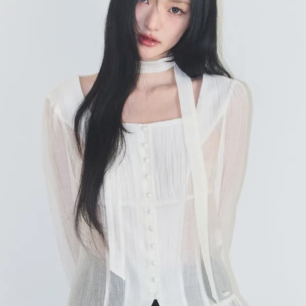 일리고 리본 타이 롱 블라우스 크림