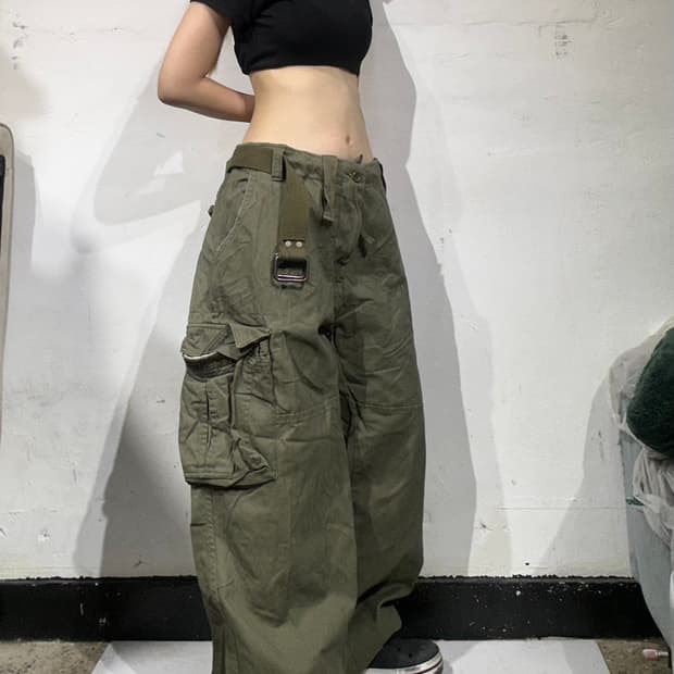 빈티지 Bigton 워싱 카키 대장급 와이드 카고 팬츠 