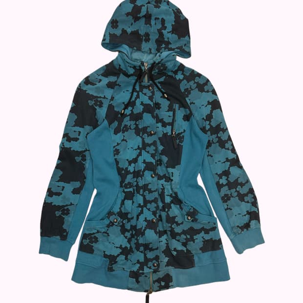 blue-green pattern hood zip-up