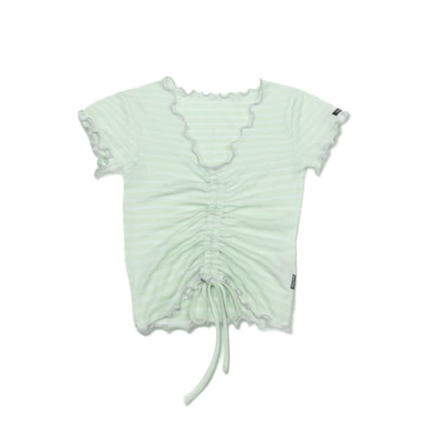 스컬프터 스트라이프 셔링 리본 프릴 반팔 탑 티셔츠 민트 히메갸루 로걀