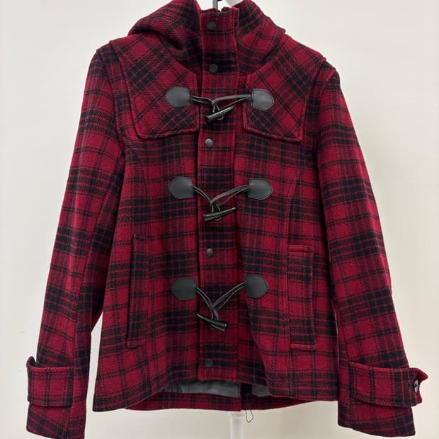 빈티지 레드 후드 더플 하프 울 코트