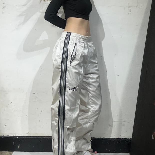 아식스 아이보리 와이드 블랙 사이드 라인 트랙 팬츠 추리닝 바지