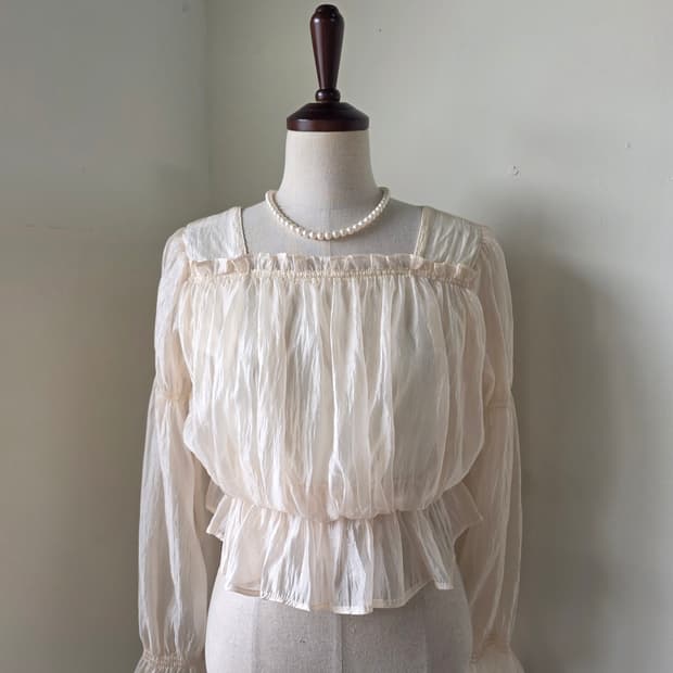 쉬폰 시스루 프릴 셔링 블라우스