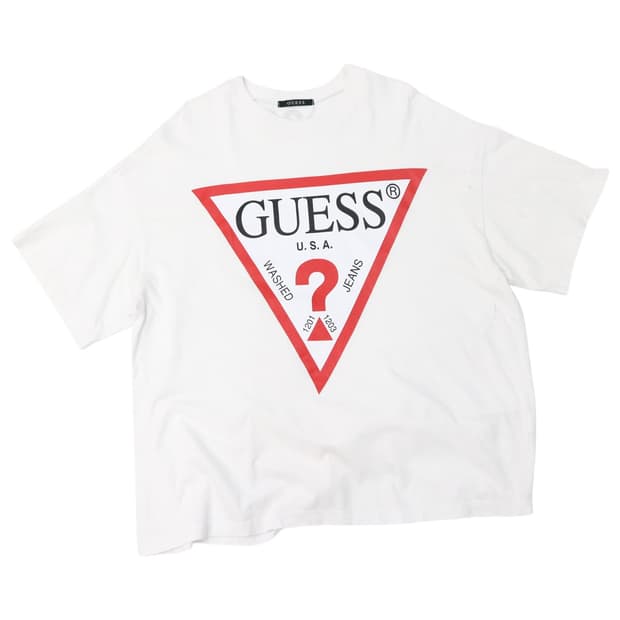 게스 GUESS 빈티지 빅 트라이앵글 로고 화이트 반팔 티셔츠 (L)
