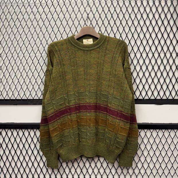 미쏘니 이그잼플 니트 배색 스트라이프 패턴 울 스웨터 카키