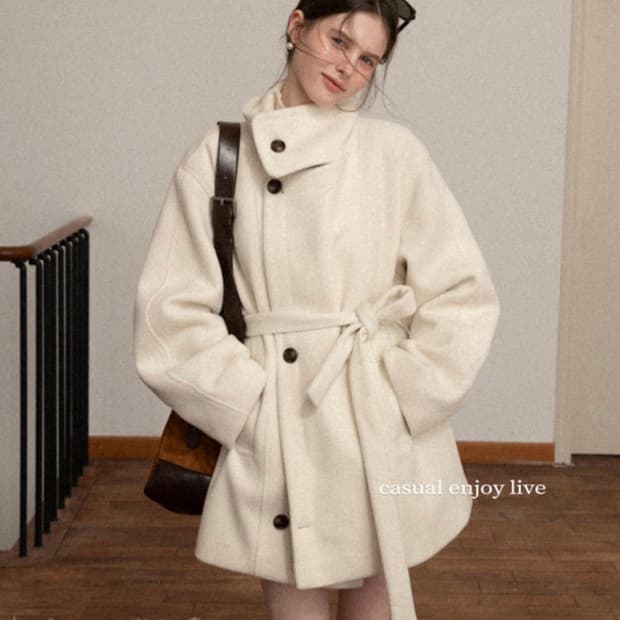 에그카 eggka 하이넥 벨트 단추 하프코트 벨트 장식이 있는 우아한 울