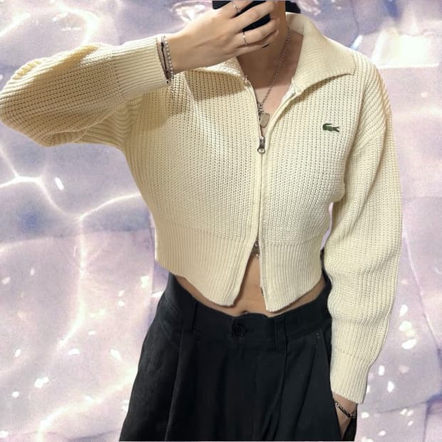 라코스테 일본판 카라 투웨이 크롭 니트 집업 아이보리 