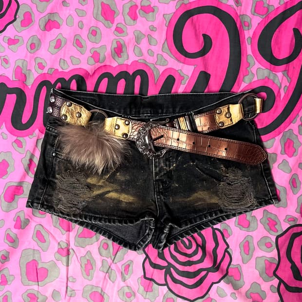 오네갸루 대장 골드 잉크스플래쉬 벨트 퍼 트리밍 숏팬츠 y2k 핀터00s