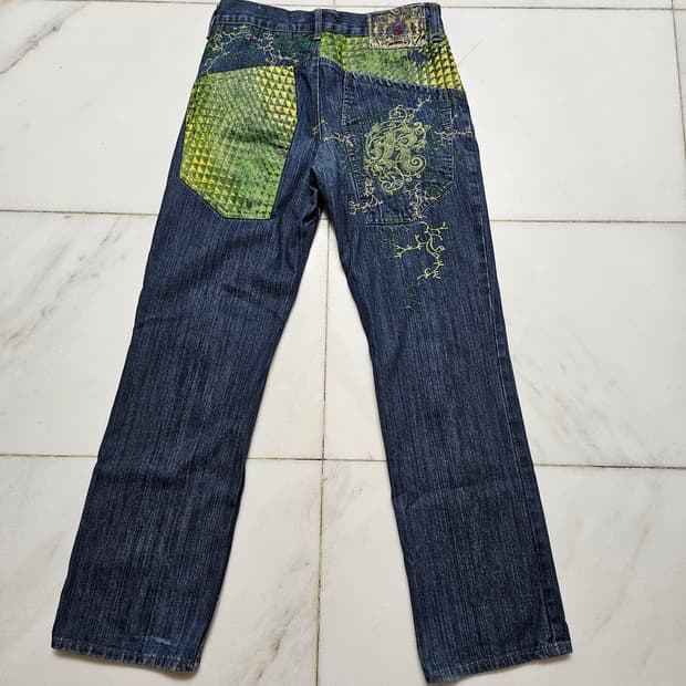 Y2K 힙합 레트로 Kanji Jeans 칸지 진스 34인치 자수 데님
