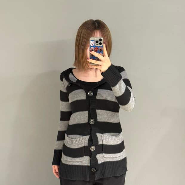 stripe pattern button-up hood cardigan