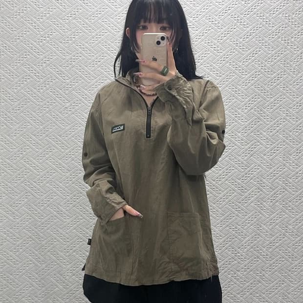 마나스타시 빈티지 캐주얼 브라운카키 포켓 반집업 셔츠 L C11948