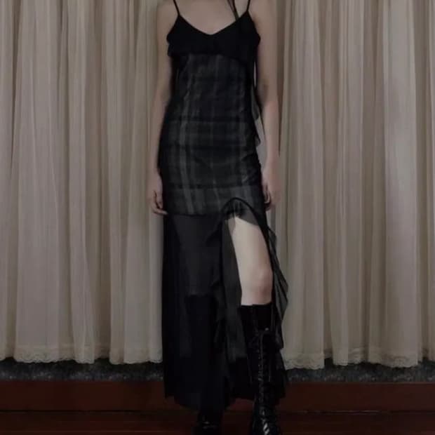 보헤미안서울 시스루 체크 러플 맥시 드레스