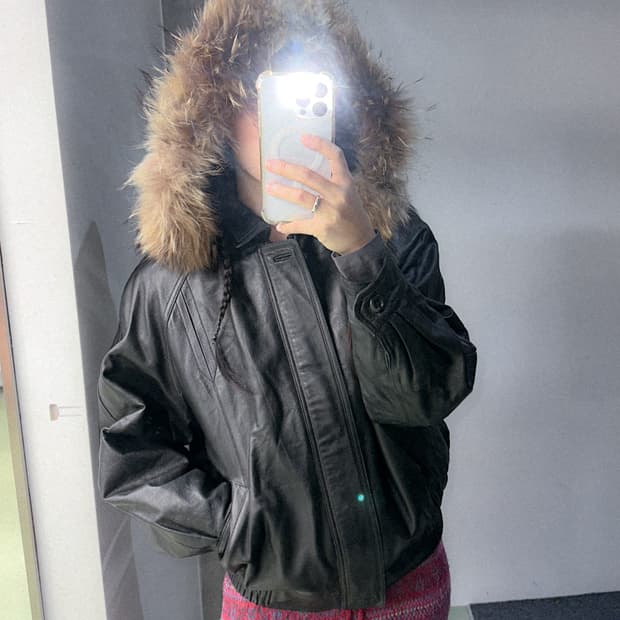 black fur trimming leather bomber
