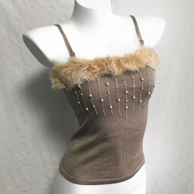 빈티지 갸루 진주 큐빅 퍼 슬리브리스