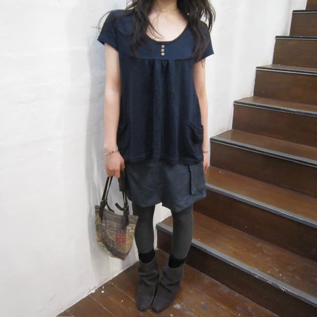 빈티지 캡소매 니트 블라우스 포켓 디테일 루즈핏 네이비