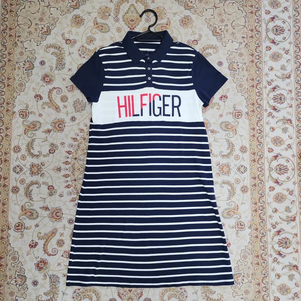 타미힐피거 스트라이프 반팔 카라 원피스 m
