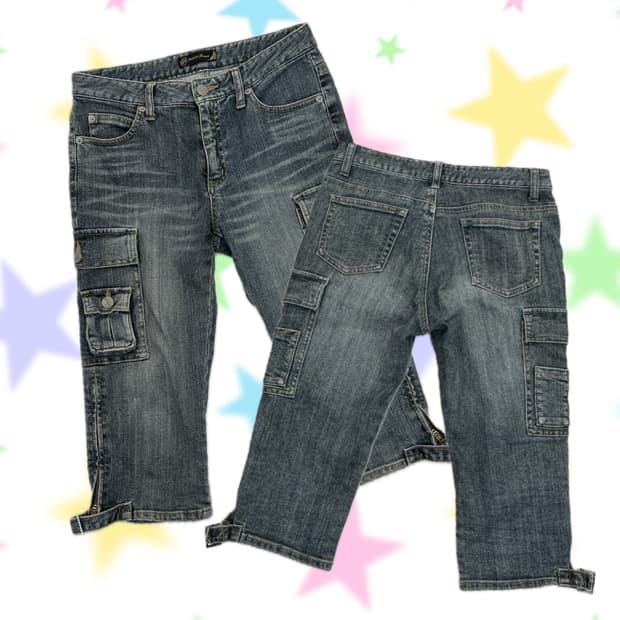 ⭐️y2k 데코라 워싱 빈티지 카고 7부 데님 팬츠⭐️ 보헤미안 펑크