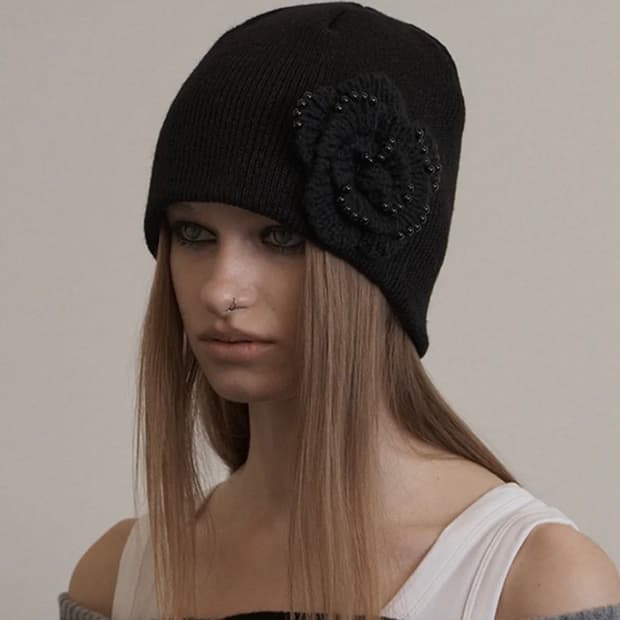 셋업이엑스이 비니 PEARL CORSAGE BEANIE / BLACK